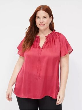 Lane Bryant Pink/cranberry Ruffle-Neck Short Sleeve Blouse